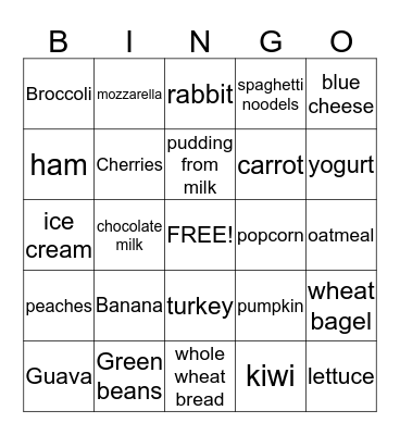 Nutrition Bingo Card