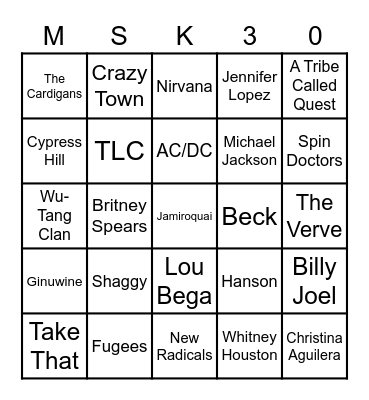 90's hits bingo Card