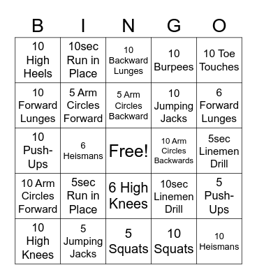 Fitness Bingo Card