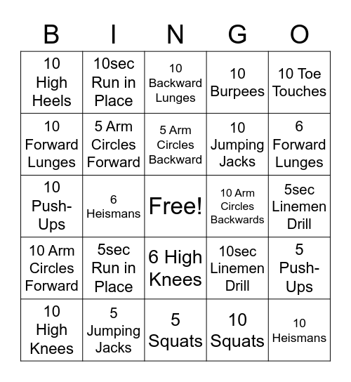 Fitness Bingo Card