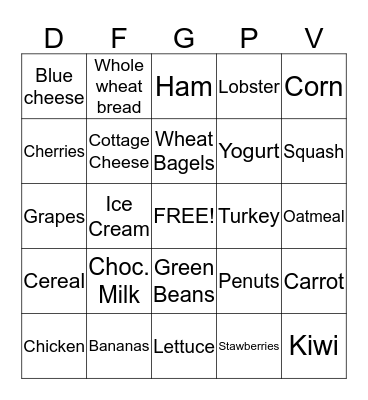 Nutrition Bingo. Bingo Card