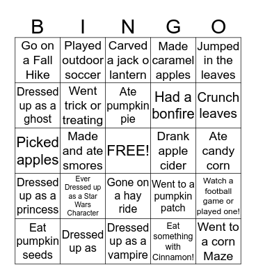 Fall Bingo Card
