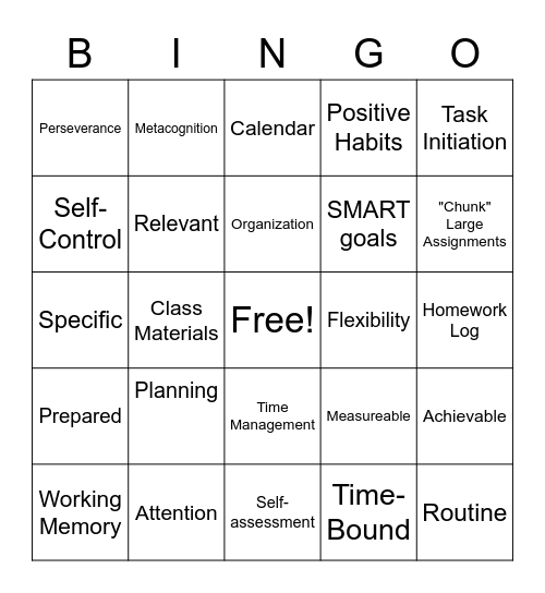 Executive Functioning--Week 1: Planning Bingo Card