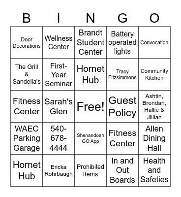 University Inn Bingo Card