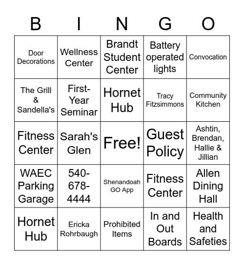 University Inn Bingo Card