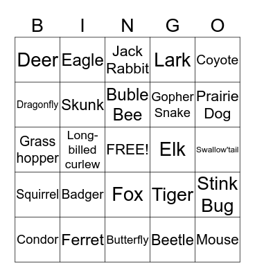 Prairie Animals Bingo Card