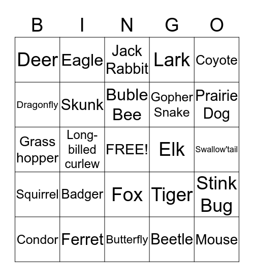 Prairie Animals Bingo Card