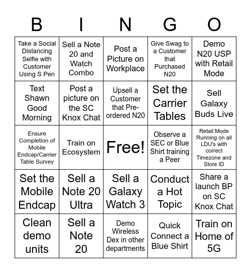 N20 Launch Sunday Funday Bingo Card