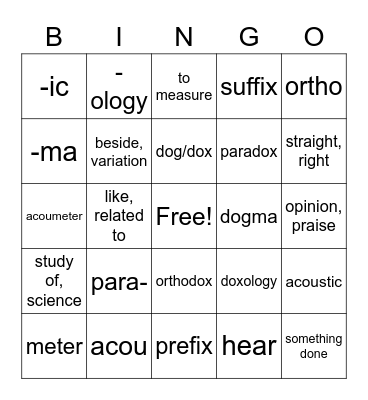 Word Roots Lesson 1 Bingo Card