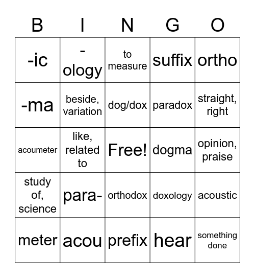 Word Roots Lesson 1 Bingo Card