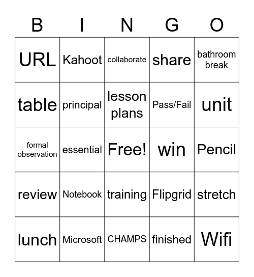 Teacher Stuff Bingo Card