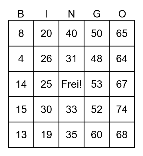 Number Practice Bingo Card