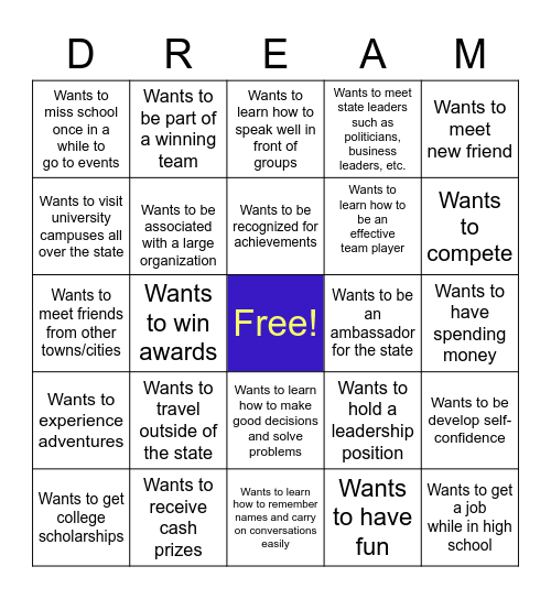 DREAM Bingo Card