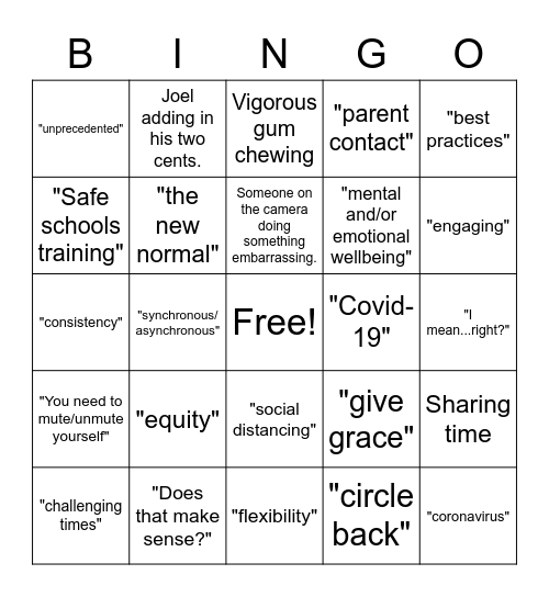 Virtual Life Bingo Card
