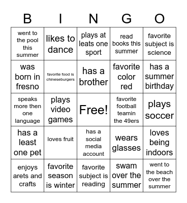 about me Bingo Card