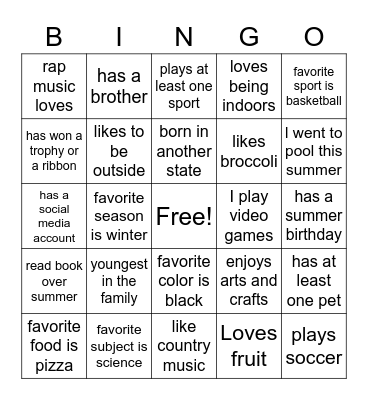 About Me Bingo Card