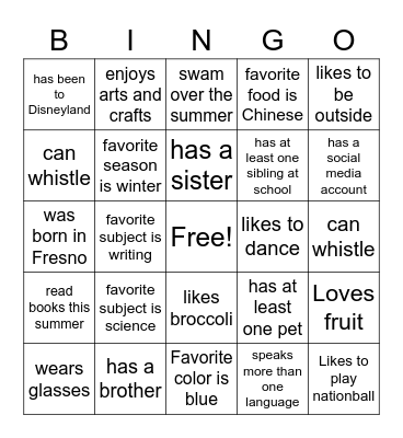 About Me Bingo Card