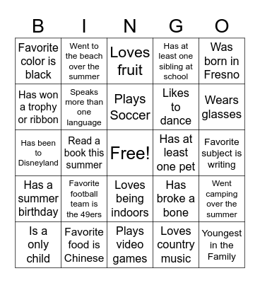 About Me Bingo Card