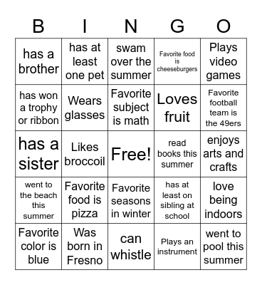 About Me Bingo Card