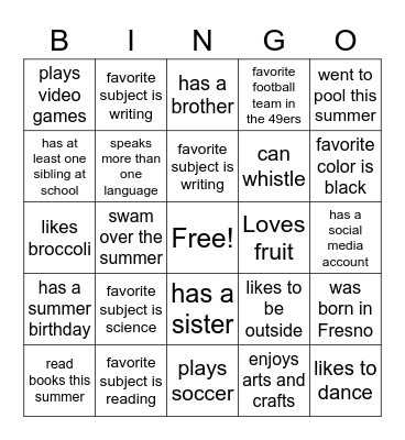 About Me Bingo Card