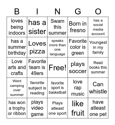 About Me Bingo Card