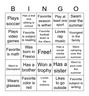 About me Bingo Card