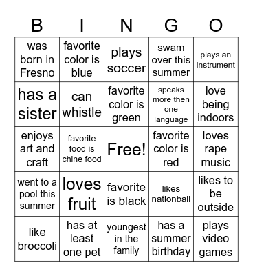 about me Bingo Card