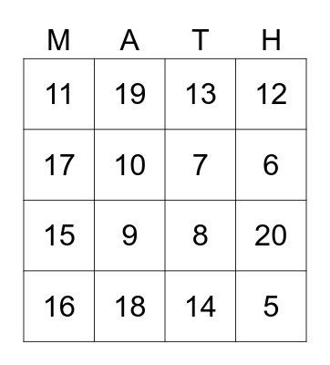 Math Addition Facts Bingo Card