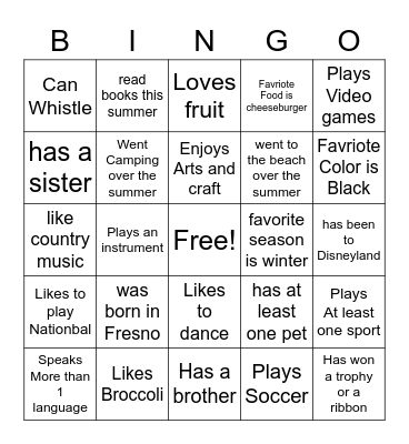 About Me Bingo Card