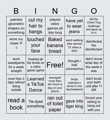 Quarantine Bingo Card