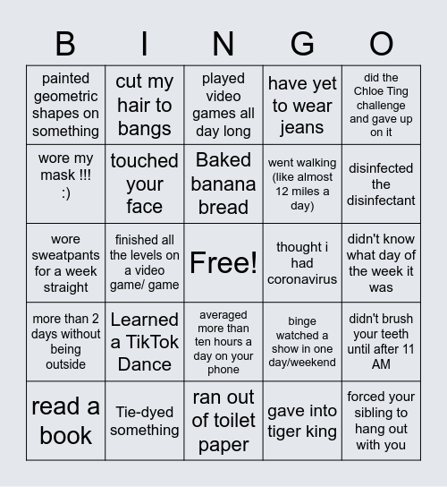 Quarantine Bingo Card