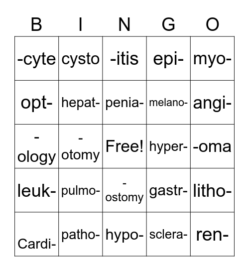 Medical Terms Bingo Card