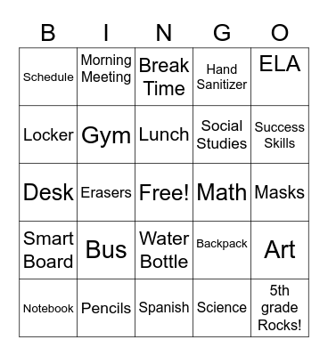 First Day of Middle School Bingo Card