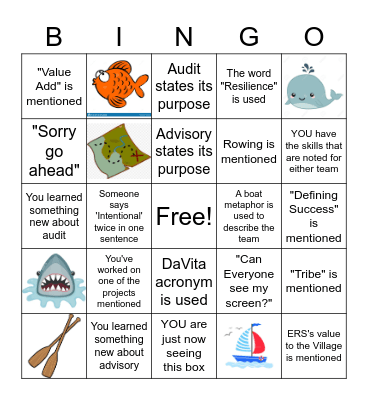 Monday/Tuesday All Team Meeting Bingo Card
