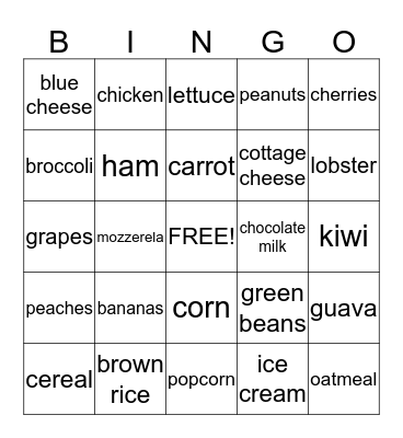 Nutrition Bingo Card