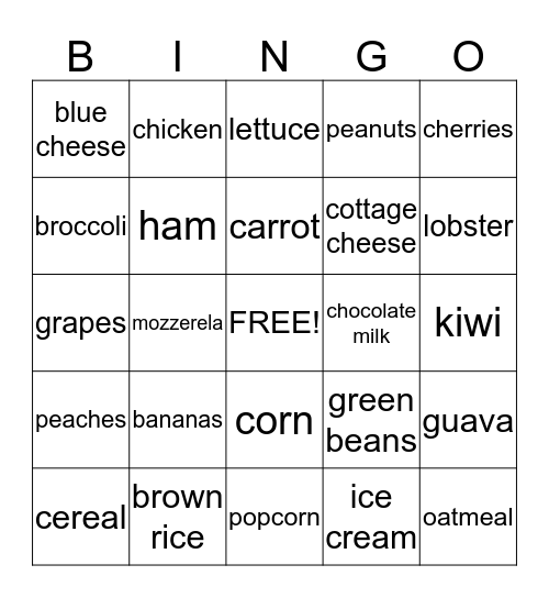 Nutrition Bingo Card