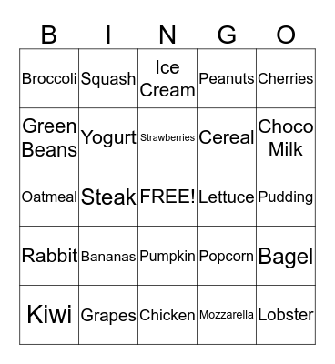 Nutrition Bingo Card