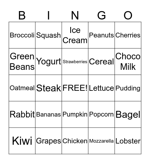 Nutrition Bingo Card