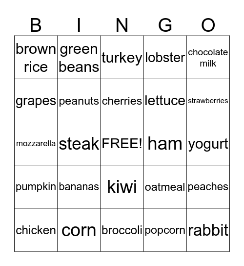 Nutrition Bingo Card