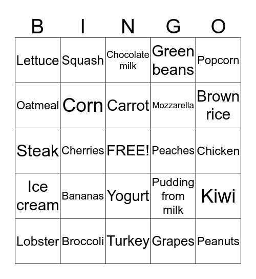 Nutrition Bingo Card