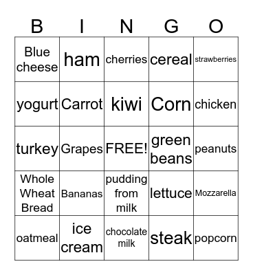 Nutrition BINGO Card