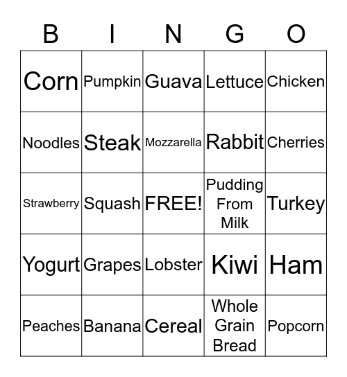Nutrition Bingo Card