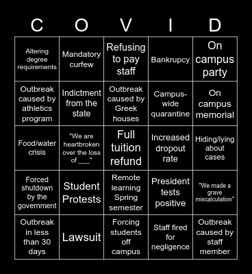 COVID BINGO: University Edition Bingo Card