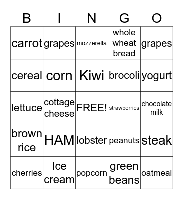 Nutrition Bingo Card