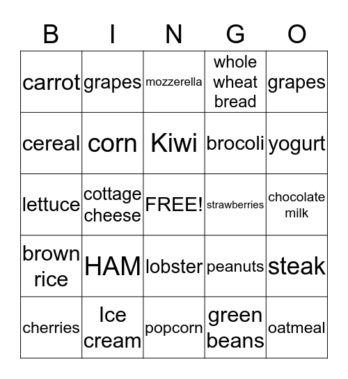 Nutrition Bingo Card