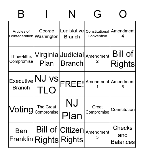American Constitution and Civics Bingo Card