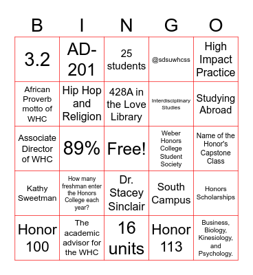 Weber Honors College Trivia Bingo Card