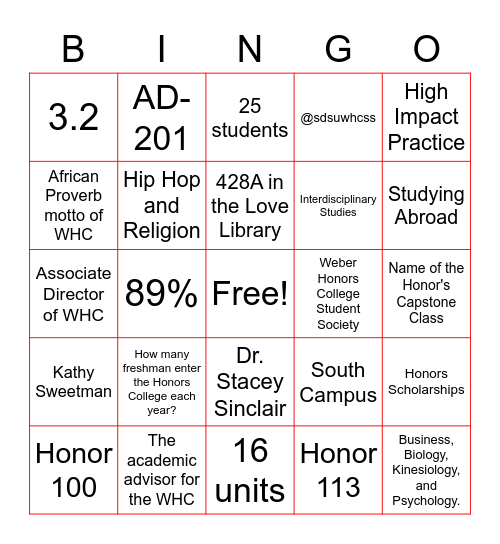 Weber Honors College Trivia Bingo Card