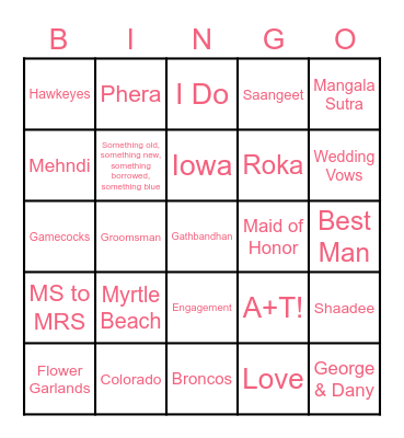 Ameesha's Bridal Bingo Card