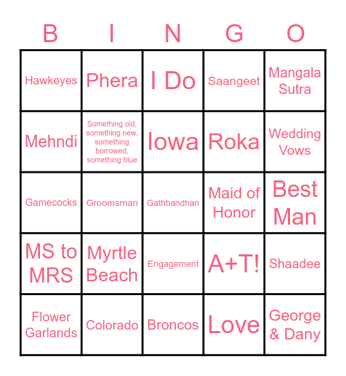 Ameesha's Bridal Bingo Card